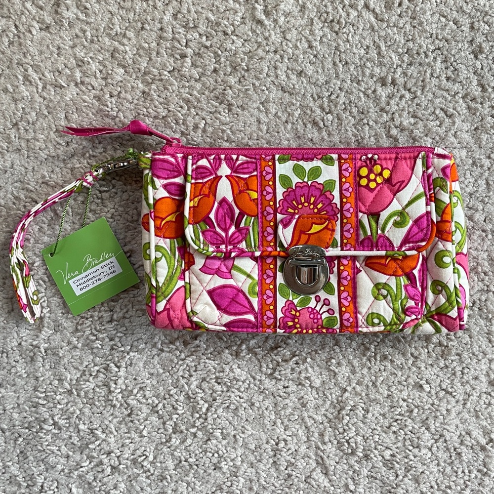 Vera Bradley Lillie Bell Floral Pink Orange Pushlock Wristlet Clutch Purse